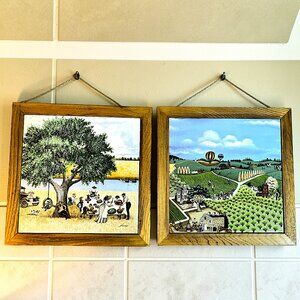 VTG 1983 Lowell Herrero Country Picnic & Farming Balloon Tile Wall Hanging Set 2